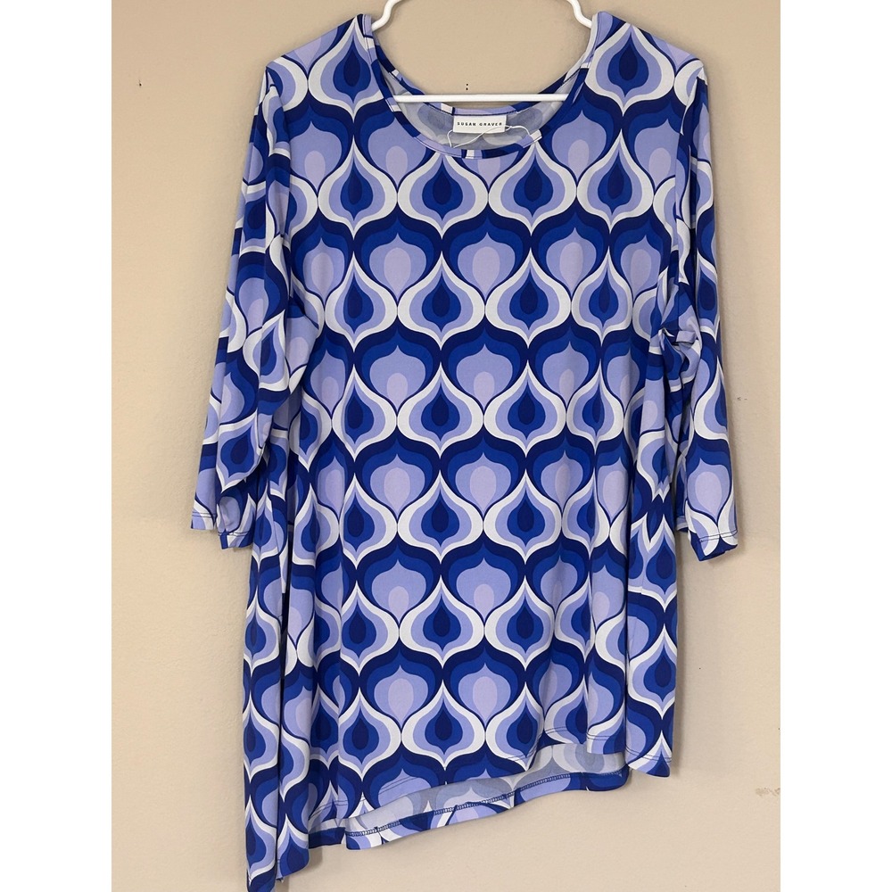 Susan Graver Blue Geometric Liquid Knit Asymmetrical Sharkbite Tunic Top 3/4 Slv